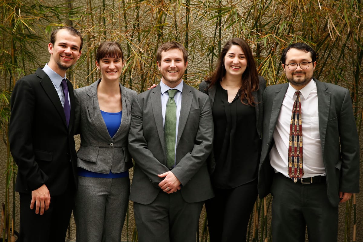 The winning team representing the University of Maryland. Pictured, from left to right, are Sebastian Dern, Ashley Grzywa, Patrick Reed, Sofia Weller, and Daniel Moreno-Holt.
