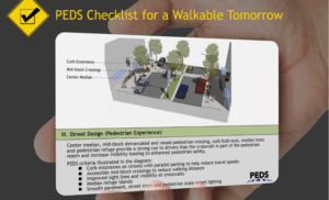 The team developed walkability check-list cards for PEDS to leave behind with developers. 