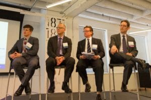 The ULI Chicago and National Trust for Historic Preservation Action Agenda Launch Event, May 16, 2016, including from left: Mike Powe, NTHP Preservation Green Lab; Jim Lindberg, NTHP Preservation Green Lab; Will Tippens, The Related Companies; and, Paul Shadle, DLA Piper.