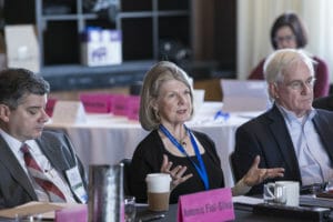 Panel Chair Glenda Hood (center) speaks at a Rose Center for Public Leadership retreat. 