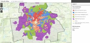 Atlanta has a mix of suburban development types with 87 percent of its population living in areas classified as suburban. 