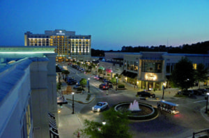 North Hills, outside of Raleigh, is anchored around a main street with plazas, wide sidewalks, and street parking. 