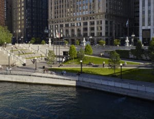 ©Hedrick Blessing, Kate Joyce Comprised of a plaza commemorating Chicago's Vietnam Veterans and a connected path from Michigan Avenue to State Street, Phase 01 brought respite to the busy urban canyon.