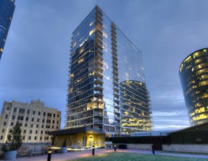 Exterior photography of One Light Tower in downtown Kansas City, MO. New-build residential highrise completed in 2015.